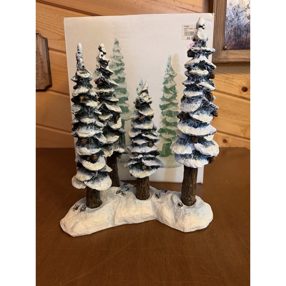 Dept 56 Snow Village Pole Pine Forest Set 4 Cold Cast Trees & Stand In Box